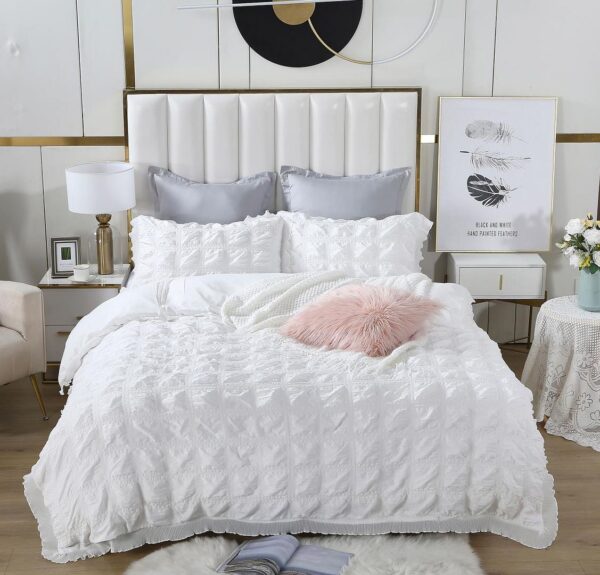 Ruffles Textured Jacquard King Size white Duvet Quilt Cover Set