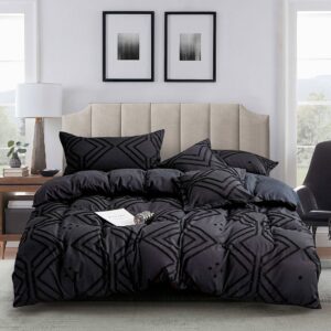 Tufted Textured Jacquard King Size Black Duvet Quilt Cover Set