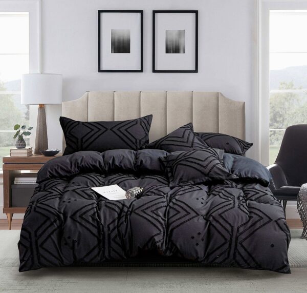 Tufted Textured Jacquard King Size Black Duvet Quilt Cover Set