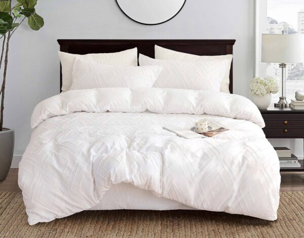 Tufted Diamond Jacquard King Size White Duvet Quilt Cover Set