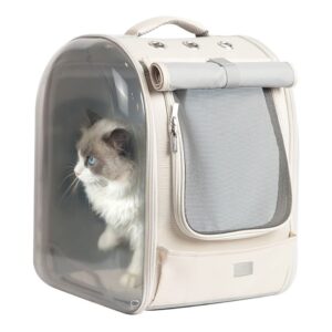 LIFEBEA Pet Dog Cat Carriers Backpack Soft Sided Pet Travel Carrier Bag Transparent pet Backpack for Cats  Puppy and Small Dogs-Beige