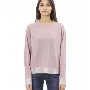 Ribbed Crew Neck Sweater with Long Sleeves and Metal Monogram Detail M Women