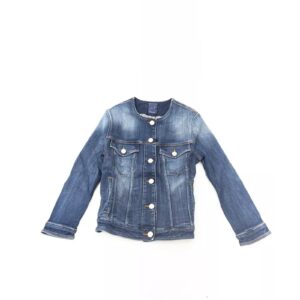 Round Neckline Denim Jacket with Metal Buttons and Contrast Stitching L Women