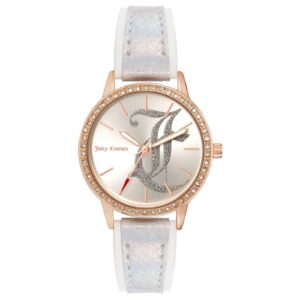 Rose Gold Analog Womens Fashion Watch with Rhinestone Detail and White Leatherette Strap One Size Women