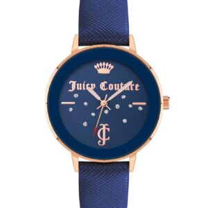 Rose Gold Analog Rhinestone Fashion Watch with Blue Leatherette Strap One Size Women