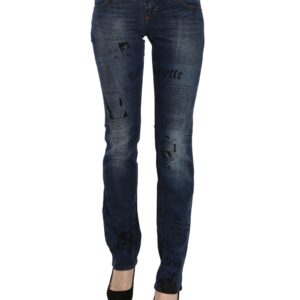 Blue Gazette Newspaper Print Low Waist Skinny Denim Jeans W25 US Women