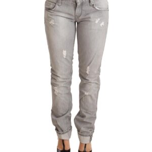 Tattered Skinny Cut Jeans with Logo Details W26 US Women