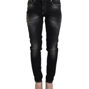 Tapered Mid Waist Black Washed Denim Jeans with Logo Details W26 US Women