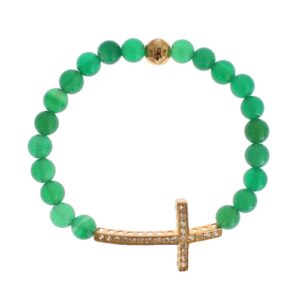 NIALAYA Green Jade Bead Bracelet with CZ Diamond Cross XS Women