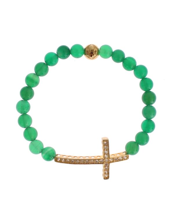 NIALAYA Green Jade Bead Bracelet with CZ Diamond Cross S Women