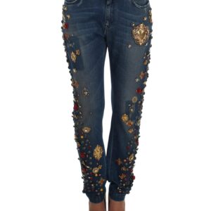 Enchanted Sicily Crystal Heart Roses Boyfriend Fit Jeans 38 IT Women