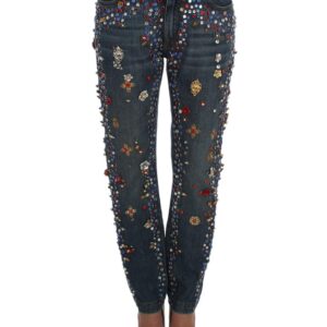 Blue Wash Crystal Heart Roses Embellished Enchanted Sicily Boyfriend Jeans 38 IT Women