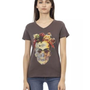 Short Sleeve V-Neck T-Shirt with Front Print L Women