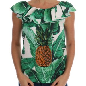 Cap Sleeve Blouse Top with Ruffled Neckline and Sequined Pineapple Embroidery 36 IT Women