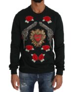 Green Cotton Crystal Heart Roses Embroidered Pullover Sweater 46 IT Men