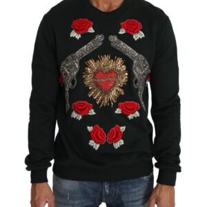 Green Cotton Crystal Heart Roses Embroidered Pullover Sweater 46 IT Men