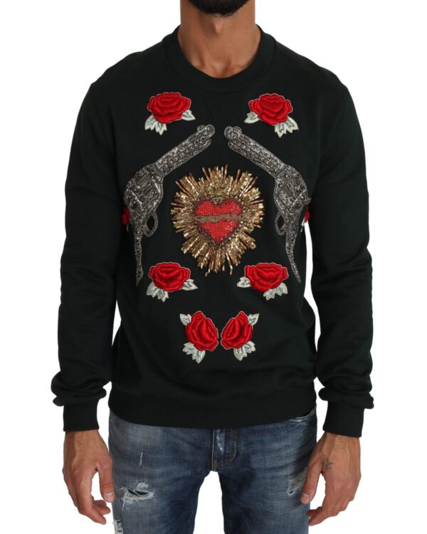 Green Cotton Crystal Heart Roses Embroidered Pullover Sweater 48 IT Men