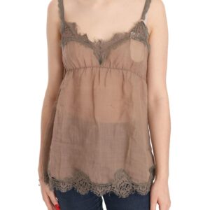 Brown Lace Spaghetti Strap Plunging Top Blouse 44 IT Women