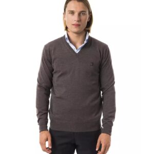 Embroidered V-neck Sweater in Extrafine Merino Wool L Men