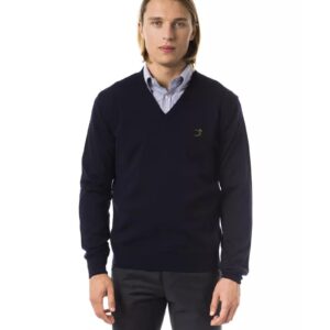 Embroidered V-neck Sweater in Extrafine Merino Wool M Men