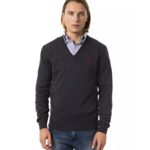 Embroidered V-neck Sweater in Extrafine Wool Merinos Fabric M Men