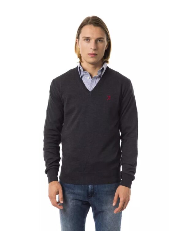 Embroidered V-neck Sweater in Extrafine Wool Merinos Fabric S Men