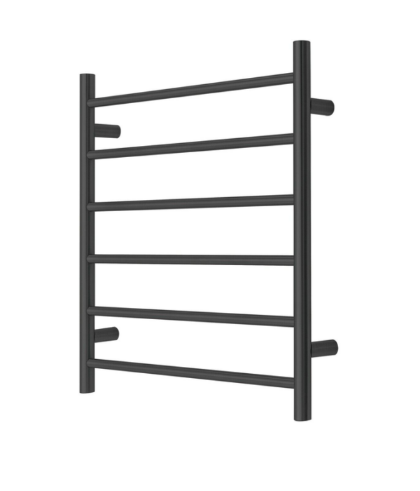 Premium Matte Black Heated Towel Rack - 6 Bars  Round Design  AU Standard  650x620mm Wide