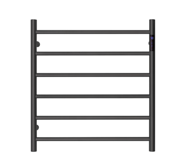 Premium Matte Black Heated Towel Rack with LED control- 6 Bars  Round Design  AU Standard  650x620mm Wide