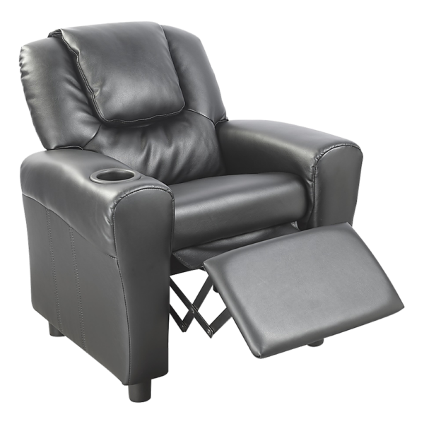 Kids Recliner Chair Black PU Leather Drink Holder Comfy Metal Frame 60x52cm