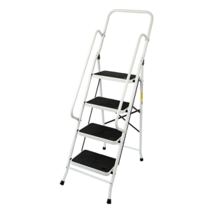 4 Step Ladder Foldable Steel Non Slip Rubber Steps Dual Handrails Lightweight