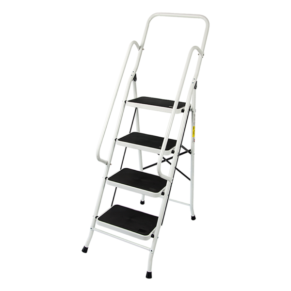 4 Step Ladder Foldable Steel Non Slip Rubber Steps Dual Handrails Lightweight