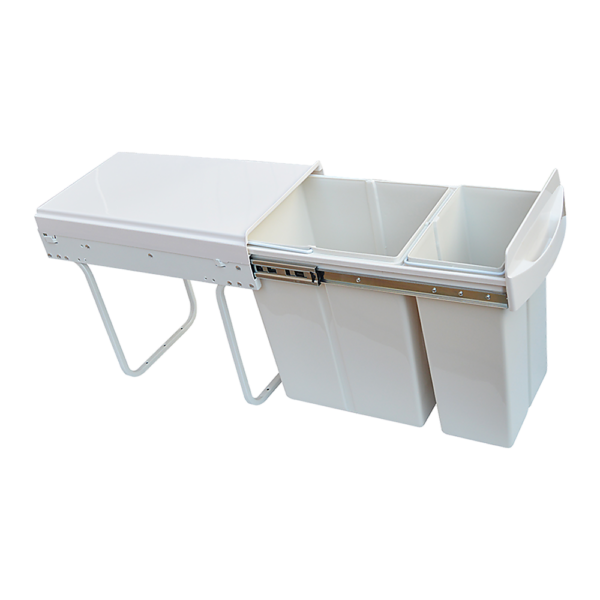 Pull Out Waste Bin Double 30L Kitchen Cabinet Slide Garbage 10L+20L White Plastic