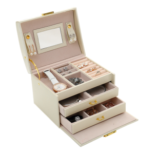 Jewellery Organizer Box Velvet Lined Mirror Lockable Creamy White Gold Trim