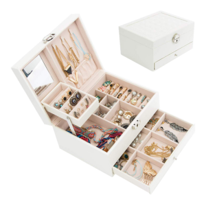 Jewellery Organizer Box 3 Level Cream Faux Leather Mirror Storage Case 22cm