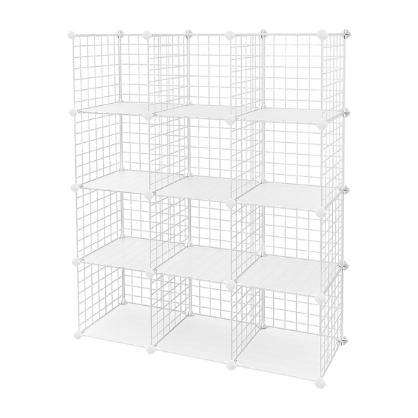 12 Cube Organizer Storage Cabinet Wardrobe Closet White Iron Mesh Shelving