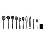 11pc Silicone Kitchen Utensils Set Heat Resistant Non Stick Wood Handle Black