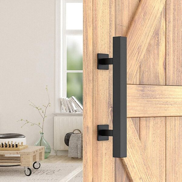 Square Barn Door Handle Set Black Steel 12 Pull & Flush Hardware for Wood Doors