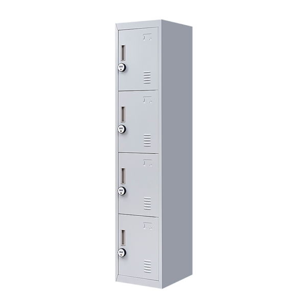 4 Door Vertical Locker for Office Gym Shed School Home Storage. Slim & versatile 4 lockers  for personal belongings. 4 Digit Combination Lock sturdy cold rolled steel powder coated for durability. 180x38x45cm 30kg capacity. Grey.