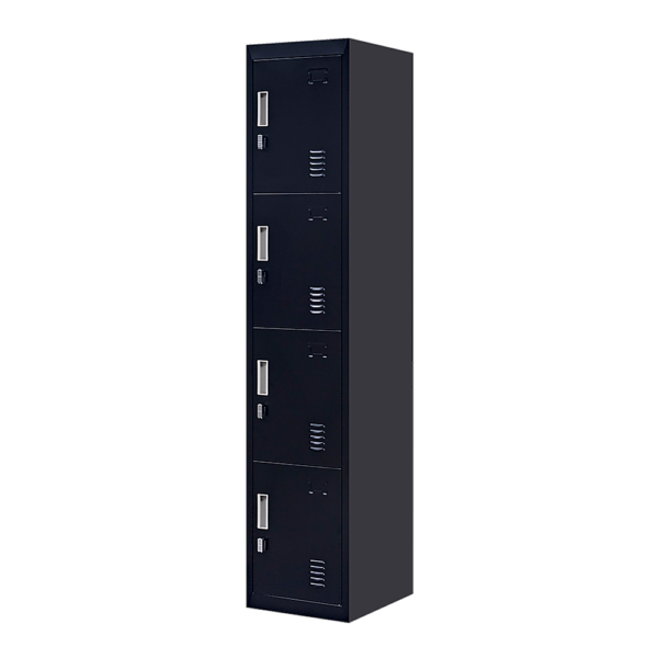 4 Door Vertical Locker for Office Gym Shed School Home Storage. Slim & versatile padlock operated lock 180x38x45cm 30kg capacity.