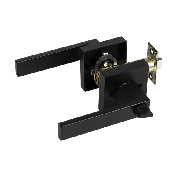 Black Door Handle Set Lever Key Lock Function Square Fits 1 3/8 to 1 3/4 Thick Doors