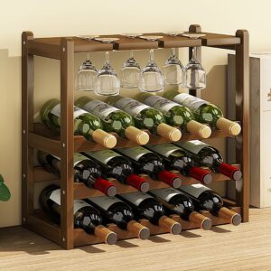 Stylish Bamboo Wine Rack Holds 15 Bottles & 6 Glasses Durable & Easy Assembly