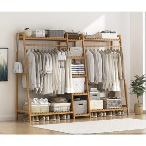 Portable Clothes Rack Coat Garment Stand Bamboo Rail Hanger Airer Closet Sturdy Bamboo Easy Assembly Large Size Wood