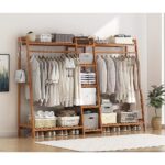 Portable Clothes Rack Coat Garment Stand Bamboo Rail Hanger Airer Closet Sturdy Bamboo Easy Assembly Dark Wood