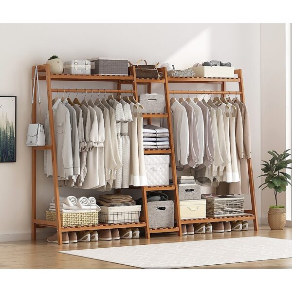 Portable Clothes Rack Coat Garment Stand Bamboo Rail Hanger Airer Closet Sturdy Bamboo Easy Assembly Dark Wood