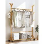 Portable Clothes Rack Coat Garment Stand Bamboo Rail Hanger Airer Closet Multifunctional