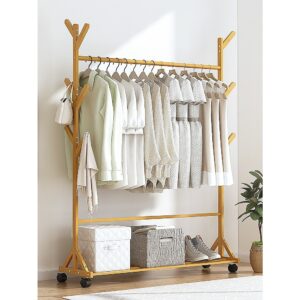 Portable Clothes Rack Coat Garment Stand Bamboo Rail Hanger Airer Closet Multifunctional