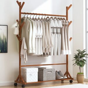 Portable Clothes Rack Coat Garment Stand Bamboo Rail Hanger Airer Closet Dark Wood 100x35x155cm