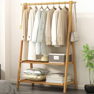 Portable Clothes Rack Coat Garment Stand Bamboo Rail Hanger Airer Closet Eco Friendly Durable Stylish Design 116x40x160cm