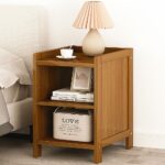 Randy and Travis Bamboo Bedside Table Nightstand Dark Wood 25x30x40cm MDF Open Drawer & Shelf