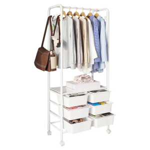 Metal Open Wardrobe Modern Storage Cabinet Clothes Drawers Hanger Coat Rack 156cm 6 Boxes Wheels